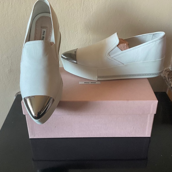 Miu Miu Prada New! ❤️ White Nappa Leather Metal Point Cap Platform Sneak… - Picture 7 of 16